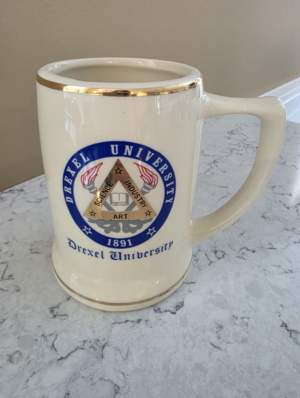 Drexel University Cream Ceramic Mug with Gold Trim Science Industry Art USA